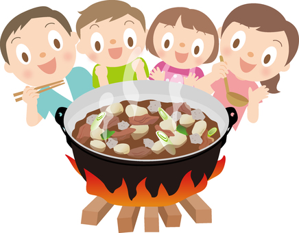 芋煮会家族 芋煮会,芋煮,家族,薪,アウトドア,河原,里芋,山形,山形名物,牛肉のイラスト素材