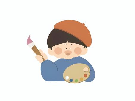 パレットと筆を持った芸術家の男の子 絵の具,パレット,筆,絵描き,絵画,芸術,ベレー帽,スモック,笑顔,かわいいのイラスト素材