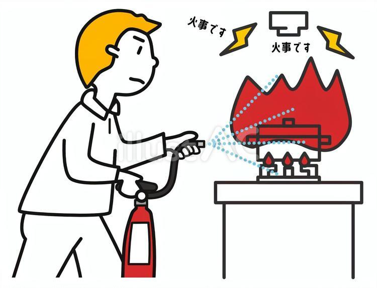 消火器で火を消す男性 消火器,火,消すのイラスト素材