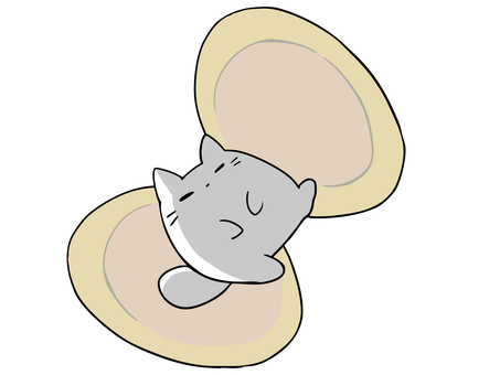貝がらから ねこ ねこ,白猫,貝,休憩,主線あり,イメージ,動物,ゆるかわ,かわいい,アニマルのイラスト素材