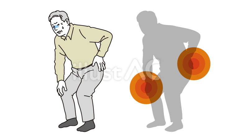 膝や腰を痛めているシニア男性のイラスト シニア,膝,痛みのイラスト素材