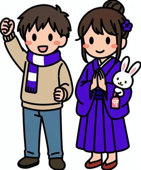 紫の冬着の男子女子です。 着物,シンプル,女子,和装,和服,ファッション,振袖,袴,成人式,正月のイラスト素材