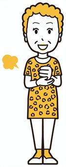  大阪のおばちゃん(黄)-044-全身 納得,おばちゃん,大阪,ヒョウ柄,おばはん,中年,女性,関西,派手,おばさんのイラスト素材