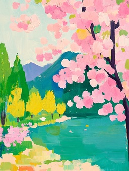 Colorful lakeside scenery with blooming flowers, JPG Colorful lakeside scenery with blooming flowers, oil, acrylic painting, a painting, JPG