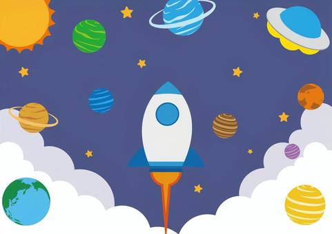 ロケットと色々な宇宙の惑星の背景素材 宇宙,惑星,地球,太陽,ロケット,ufo,煙,ポップ,背景のイラスト素材