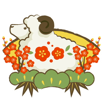newyear2786 未年,羊,扇,梅,松,2027年,年賀状,和風,和紙,水彩のイラスト素材