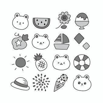 夏セット 夏,くま,食べ物,スイカ,アイス,海,プール,動物,白黒,モノクロのイラスト素材