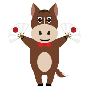年賀素材 午年 馬と日の丸扇子 馬,年賀状,2026,午,扇子,正月,パーツ,ワンポイント,日の丸,かわいいのイラスト素材