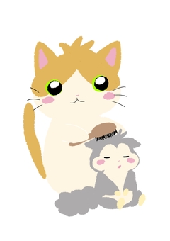 猫とモモンガお手入れ 猫とモモンガお手入れ 猫,モモンガ,お手入れ,クシ,ゆるい,可愛い,イラストのイラスト素材