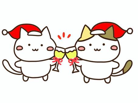 クリスマスパーティーで乾杯するねこ達 メリークリスマス,クリスマス,パーティー,乾杯,ねこ,ワイン,ジュース,グラス,こつん,ホリデーのイラスト素材