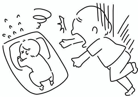 うつ伏せ赤ちゃんにびっくり女性　線画 うつ伏せ,赤ちゃん,危険,びっくり,窒息,女性,線画のイラスト素材
