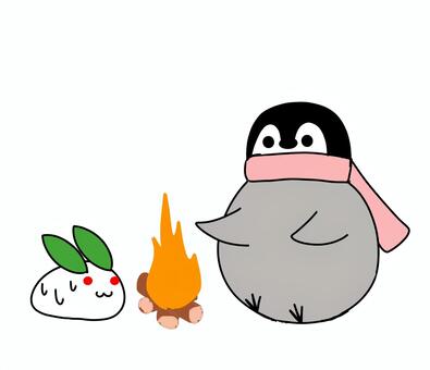 ぽっちゃりペンギンヒナと雪うさぎ暖かい