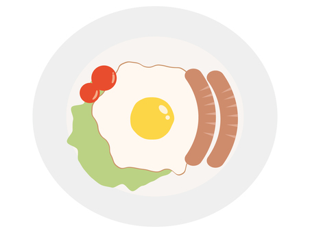 朝食 目玉焼き,ウィンナー,レタス,ミニトマト,皿のイラスト素材