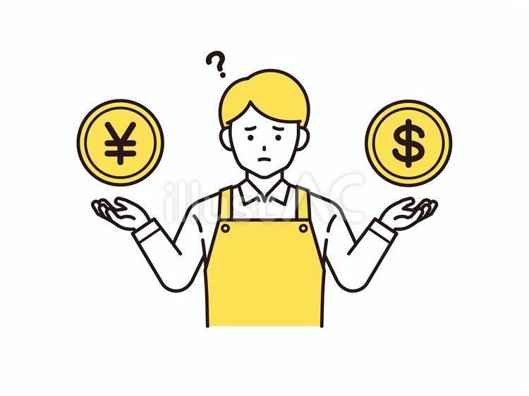 円とドルで迷うエプロン姿の男性（黄色）  男性,エプロン,円のイラスト素材