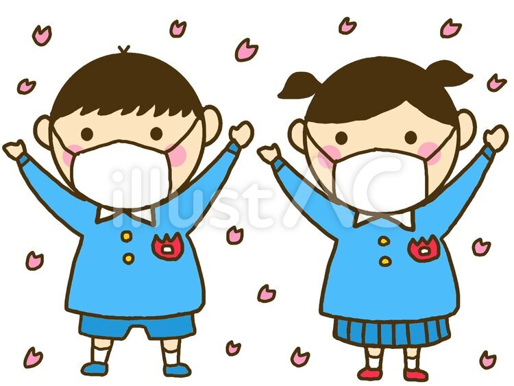 桜舞う中バンザイする幼稚園児_マスク 幼稚園児,子供,マスクのイラスト素材