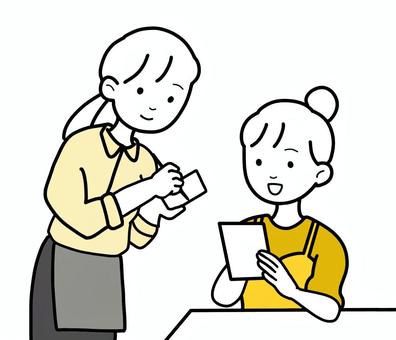 シンプル接客C シンプル,接客,女,人,店員,客,カフェ,レストラン,喫茶店,メモのイラスト素材