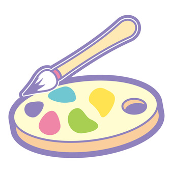 パステルカラーかわいいイラスト美術 絵の具,パレット,筆,シンプル,アイコン,学校,美術部,フラットデザイン風,ピクトグラム風,ベクターのイラスト素材