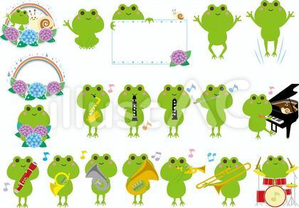 梅雨のかえるのイラストセット楽隊付き