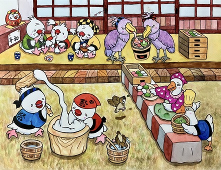 Illustration, new year's holiday, new year, pounding mochi, 