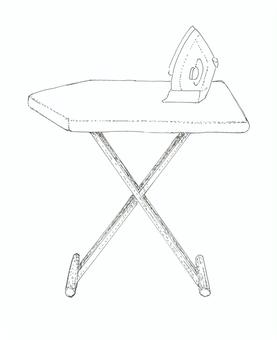 アイロンとスタンド式アイロン台のイラスト アイロン,アイロン台,電化製品,家事,手描き,リアル,モノクロ,挿絵,白バック,線画のイラスト素材