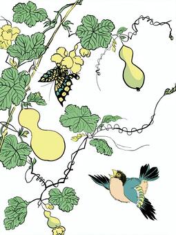 Digital Japanese painting gourd, butterfly, bird set, , JPG and PNG