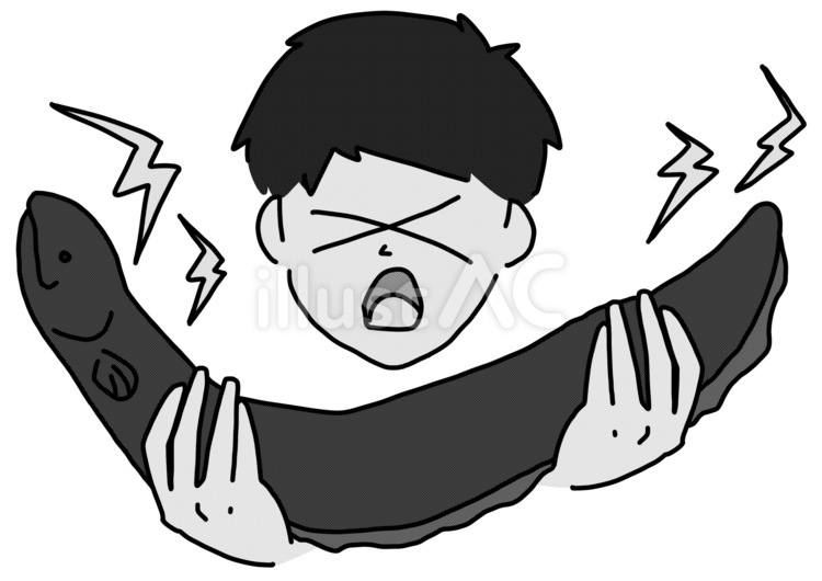 電気ウナギを持って苦しむ　白黒 電気ウナギ,感電,男性のイラスト素材