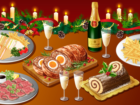 クリスマスディナー2 クリスマスディナー,クリスマス,ディナー,料理,食べ物,ブッシュドノエル,ケーキ,ミートローフ,ローストビーフ,フライドポテトのイラスト素材
