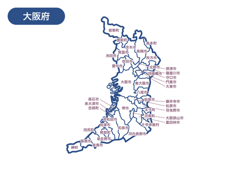 大阪府の地図の線画（市町村名つき） 大阪府,線画,地図,地域,地理,日本,都道府県,関西,近畿,大阪市のイラスト素材