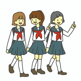 自由行動する中学生 修学旅行,制服,リボン,スカート,指差し,自由,行動,灰色,赤色,紺色のイラスト素材