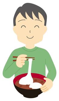 お餅を食べる人1 ぜんざい,餅,小豆,お汁粉,お雑煮,男性,食べる,人物,主線なしのイラスト素材