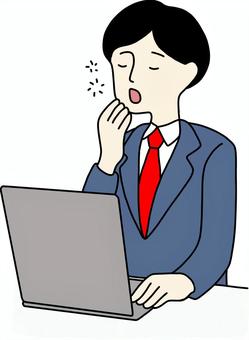 パソコン作業する男性　黒髪　あくび パソコン,タイピング,デスクワーク,仕事,テレワーク,在宅勤務,オンライン,男性,ビジネスマン,会社員のイラスト素材