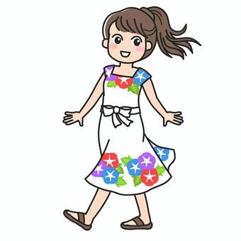 夏のワンピースで楽しそうに歩く女の子4 女の子,散歩,歩く,ウォーキング,ワンピース,おでかけ,健康,健康づくり,リフレッシュ,ストレス解消のイラスト素材