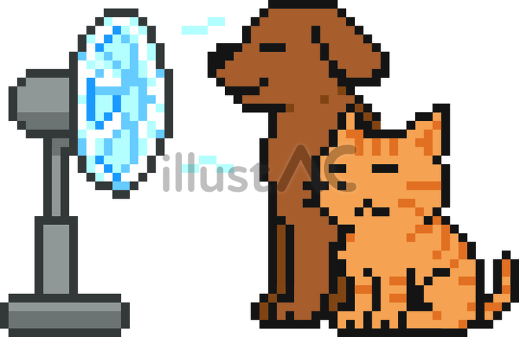 ドット絵の扇風機に当たる犬と猫です。 ドット絵,扇風機,犬のイラスト素材