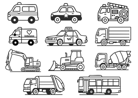 塗り絵用様々な種類の車イラストセット 塗り絵,塗り絵用,白黒,モノクロ,幼児用,遊び,児童用,自動車,車,交通のイラスト素材