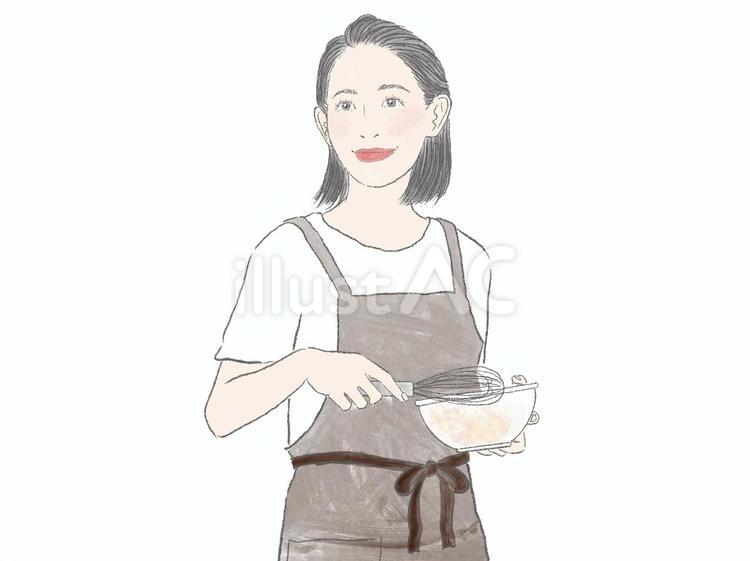 エプロン姿で料理する女性（泡立て器） 女性,料理,エプロンのイラスト素材