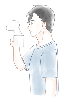 コーヒーを飲む男性の水彩風イラスト お茶,ホット,コーヒー,飲む,男性,リラックス,休憩,上半身,笑顔,美容のイラスト素材