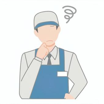 悩むエプロン姿の男性店員 悩むエプロン姿の男性店員 悩む,人,男性,困る,店長,キャップ,エプロン,ネクタイ,青,従業員のイラスト素材