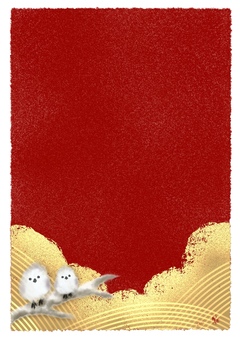 シマエナガの和風背景 ポスター・チラシ シマエナガ,背景,赤,ゴールド,めでたい,年賀状,年賀,新春,絵葉書,もくもくのイラスト素材