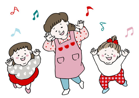 Dancing kindergarten children and female childcare worker, , JPG, PNG and EPS