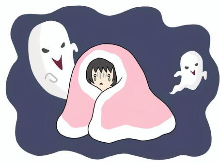 お化けが怖くてふとんにくるまっている人 おばけ,怖い,恐怖,ビクビク,ふとん,くるまる,かぶる,ゆうれい,妄想,霊感のイラスト素材