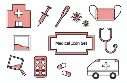 赤いメディカルアイコンセット 医療,病院,薬,聴診器,アイコン,注射,セット,体温計,マスク,救急車のイラスト素材