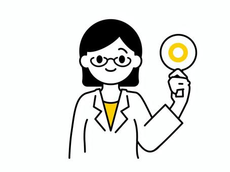 丸を出す白衣着た女性02 人物,女性,白衣,メガネ,クイズ,医療,保健,福祉,病院,薬剤師のイラスト素材