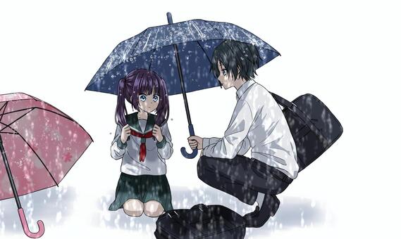 男の子・女の子 人物,男の子,女の子,キャラクター,制服,セーラー服,雨,傘,かっこいい,かわいいのイラスト素材