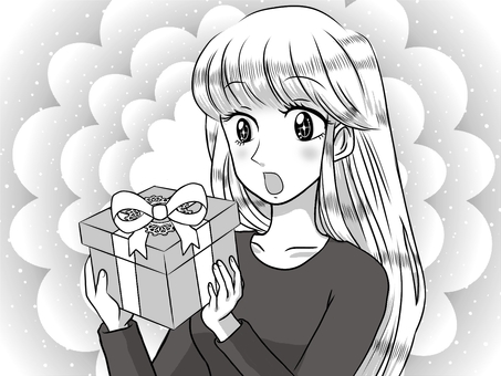 少女漫画風 プレゼントに驚く女性 背景有 少女漫画風 プレゼントに驚く女性 背景有 モノクロ,女性,プレゼントのイラスト素材