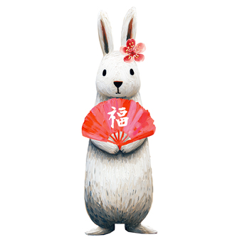 正月うさぎ うさぎ,動物,新年,正月,扇子,福,梅,厚塗り,絵具タッチ,手描きのイラスト素材
