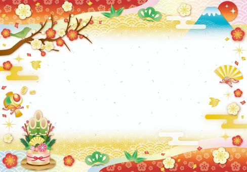 富士山と門松と梅の年賀状フレーム 年賀状,富士山,梅,カード,門松,メッセージカード,松竹梅,縁起物,扇,リボンのイラスト素材