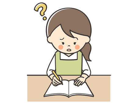 わからない問題があるエプロンの女性 勉強,学習,学ぶ,悩む,困る,考える,わからない,解けない,難しい,疑問のイラスト素材