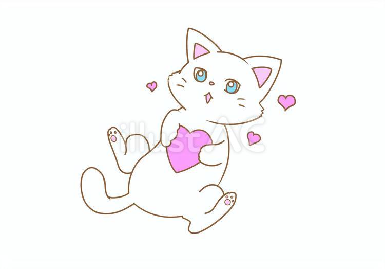 ピンクのハートを抱えて寝転がる白猫 白猫,猫,動物のイラスト素材