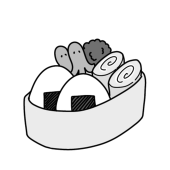 お弁当（白黒） お弁当,手作り,手料理,おにぎり,卵焼き,玉子焼き,だし巻き卵,海苔,白米,ウィンナーのイラスト素材