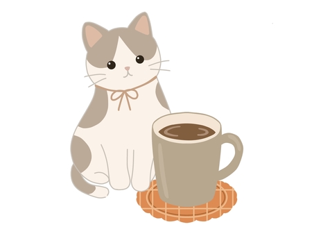 ハチワレ猫とコーヒーのアイコン素材 猫,ハチワレ,カフェ,喫茶,珈琲,紅茶,カフェラテ,ラテ,カプチーノ,エスプレッソのイラスト素材